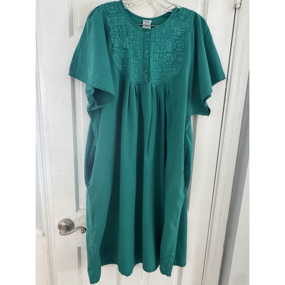 Naqui Cotton Caftan Dress Womens 1X Teal Embroidered Boho Midi Pockets‎ Mexico